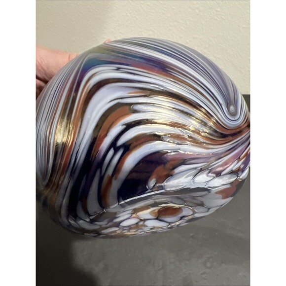 Art Glass Globe Vase with Purple Blue Brown Swirls Sphere Vintage - Picture 11 of 15